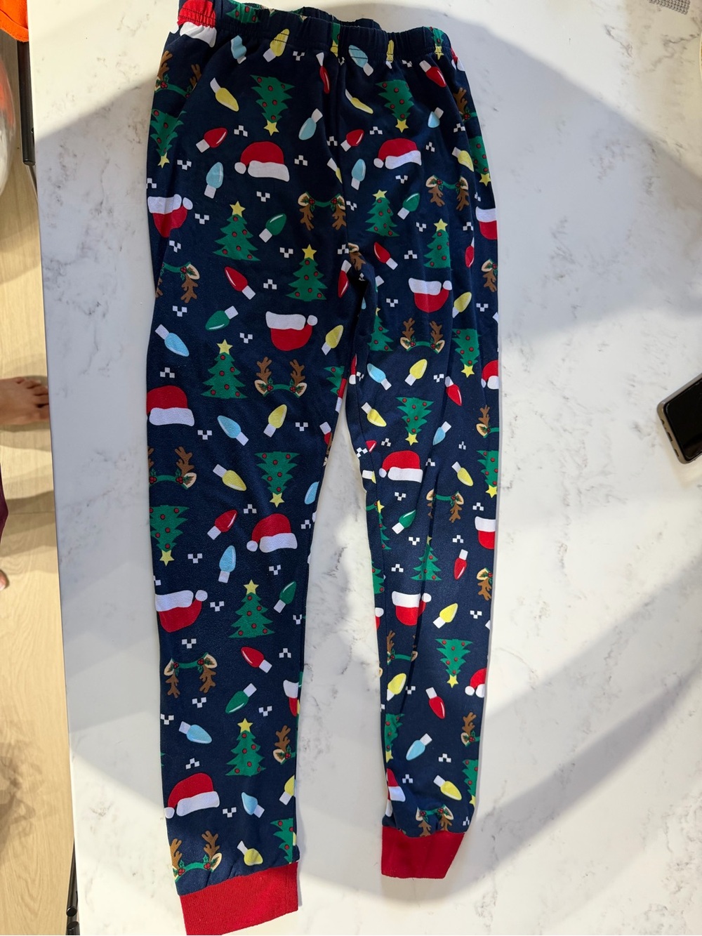 Holiday Time Navy Kids Christmas Print Leggings with Red Cuffs